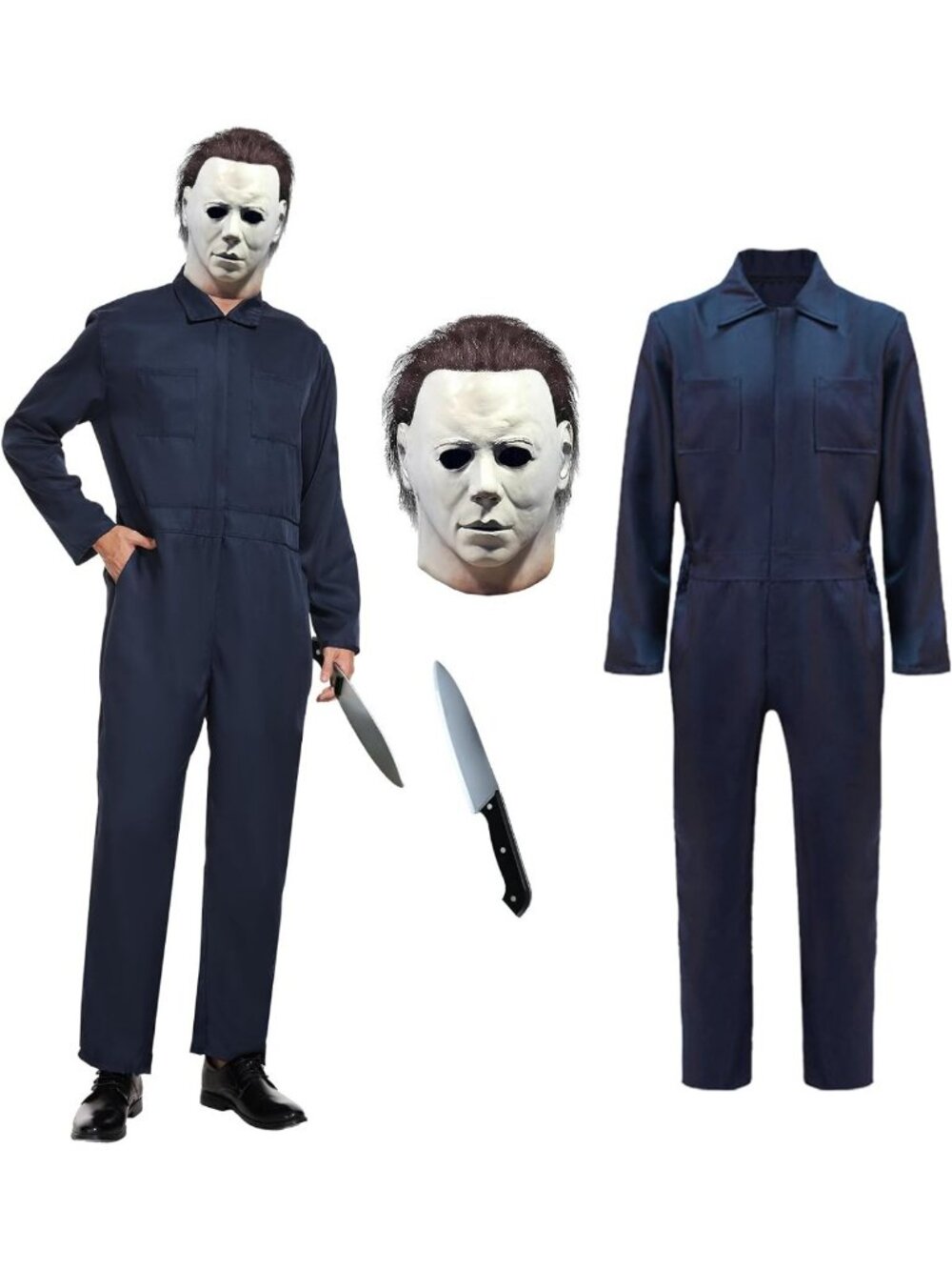 Navy Blue Adult Jumpsuit Costume with Horror Mask & Prop Knife for Halloween